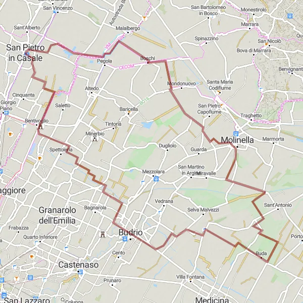 Miniature de la carte de l'inspiration cycliste "Aventure gravel à travers la campagne émilienne" dans la Emilia-Romagna, Italy. Générée par le planificateur d'itinéraire cycliste Tarmacs.app