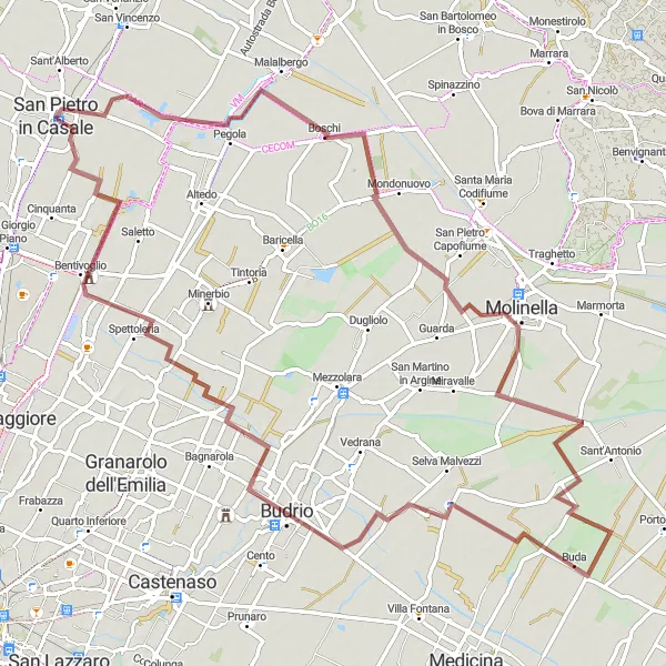 Miniatura della mappa di ispirazione al ciclismo "Percorso gravel tra San Pietro in Casale e Rubizzano" nella regione di Emilia-Romagna, Italy. Generata da Tarmacs.app, pianificatore di rotte ciclistiche