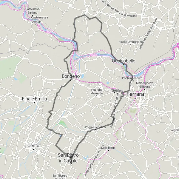 Map miniature of "San Pietro in Casale to Ficarolo Loop" cycling inspiration in Emilia-Romagna, Italy. Generated by Tarmacs.app cycling route planner