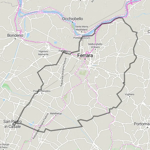 Miniatura della mappa di ispirazione al ciclismo "Itinerario tra Poggio Renatico e Ruina" nella regione di Emilia-Romagna, Italy. Generata da Tarmacs.app, pianificatore di rotte ciclistiche