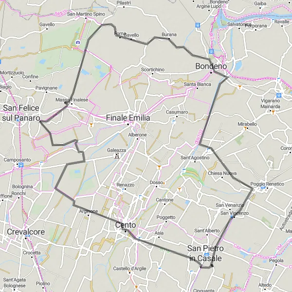 Miniatua del mapa de inspiración ciclista "Ruta de ciclismo de carretera alrededor de San Pietro in Casale" en Emilia-Romagna, Italy. Generado por Tarmacs.app planificador de rutas ciclistas