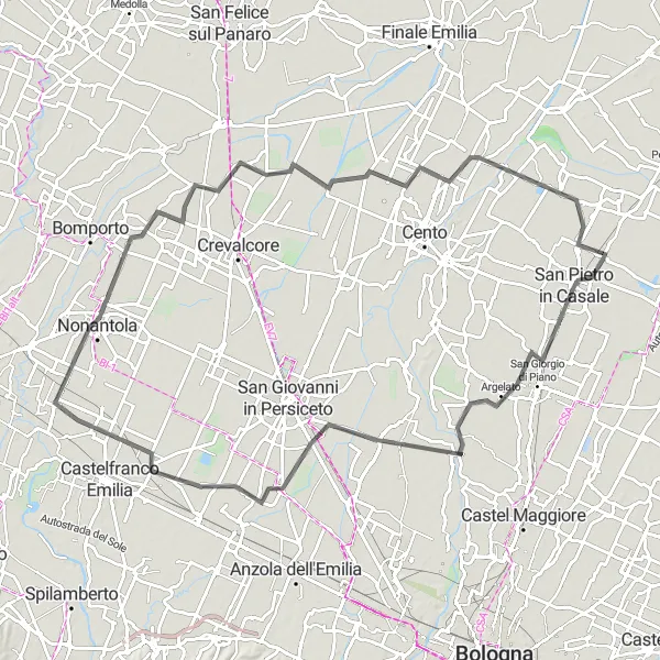 Miniatura mapy "Szosowy szlak od San Pietro in Casale do Galliera" - trasy rowerowej w Emilia-Romagna, Italy. Wygenerowane przez planer tras rowerowych Tarmacs.app