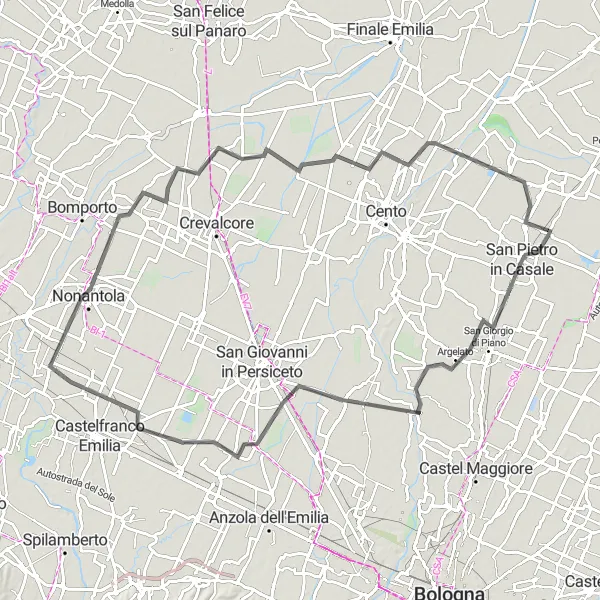 Miniatura della mappa di ispirazione al ciclismo "Giro tra San Pietro in Casale ed Renazzo" nella regione di Emilia-Romagna, Italy. Generata da Tarmacs.app, pianificatore di rotte ciclistiche