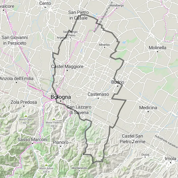 Miniatua del mapa de inspiración ciclista "Desafío en Bicicleta hasta Bologna" en Emilia-Romagna, Italy. Generado por Tarmacs.app planificador de rutas ciclistas
