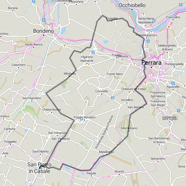 Miniatua del mapa de inspiración ciclista "Ruta de Ciclismo en Carretera hacia Malalbergo" en Emilia-Romagna, Italy. Generado por Tarmacs.app planificador de rutas ciclistas