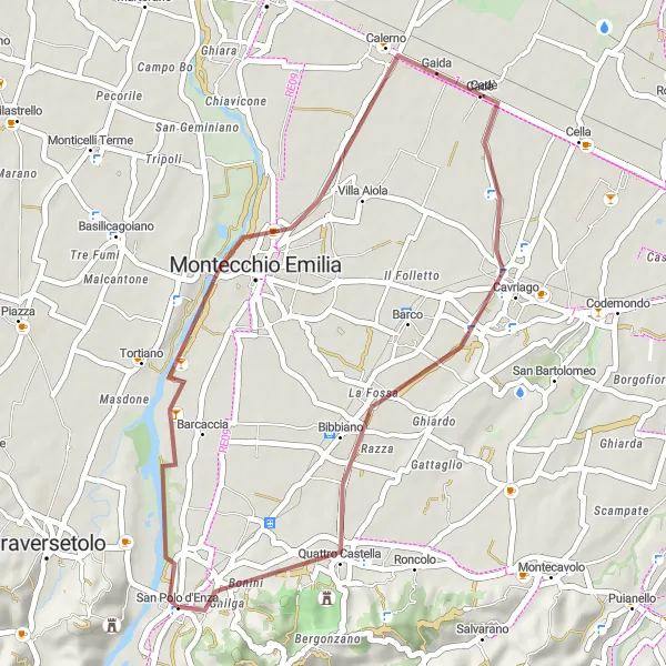 Miniaturní mapa "Gravelová cyklostezka Montechiarugolo - Bibbiano - Bianello" inspirace pro cyklisty v oblasti Emilia-Romagna, Italy. Vytvořeno pomocí plánovače tras Tarmacs.app
