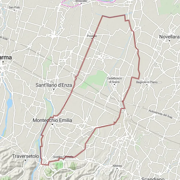 Miniatua del mapa de inspiración ciclista "Ruta de Grava a Montecchio Emilia" en Emilia-Romagna, Italy. Generado por Tarmacs.app planificador de rutas ciclistas