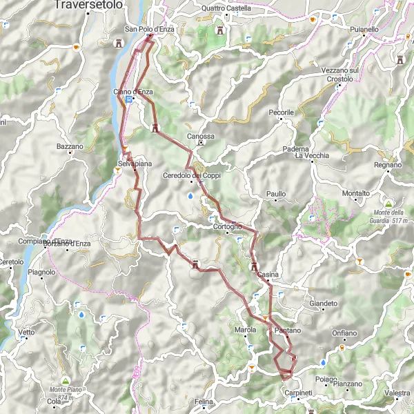 Miniature de la carte de l'inspiration cycliste "Exploration des sentiers de gravier autour de Canossa" dans la Emilia-Romagna, Italy. Générée par le planificateur d'itinéraire cycliste Tarmacs.app