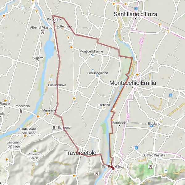 Miniatua del mapa de inspiración ciclista "Ruta de San Polo d'Enza a Montecchio Emilia" en Emilia-Romagna, Italy. Generado por Tarmacs.app planificador de rutas ciclistas