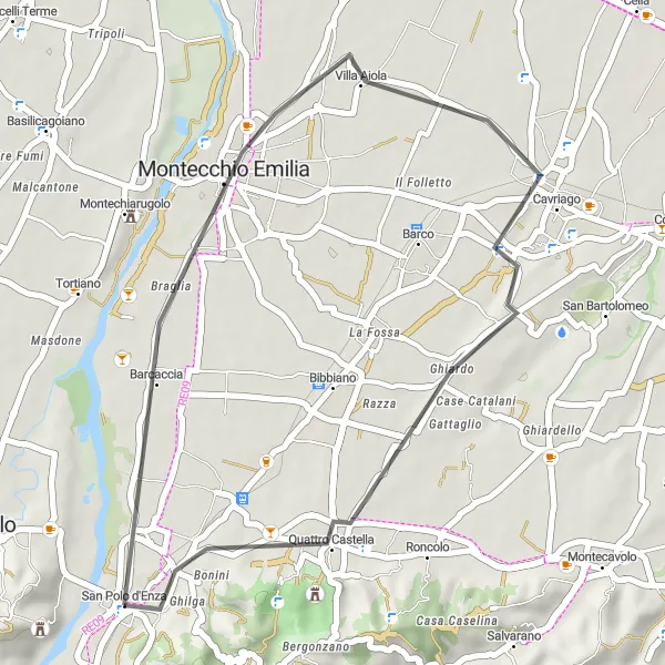Zemljevid v pomanjšavi "Po cestah do Quattro Castelle" kolesarske inspiracije v Emilia-Romagna, Italy. Generirano z načrtovalcem kolesarskih poti Tarmacs.app