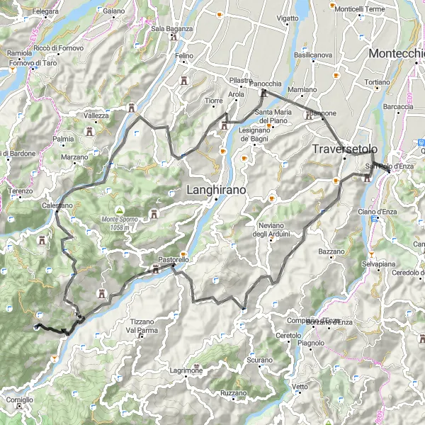 Miniature de la carte de l'inspiration cycliste "Défiez les cols et montagnes près de San Polo d'Enza" dans la Emilia-Romagna, Italy. Générée par le planificateur d'itinéraire cycliste Tarmacs.app