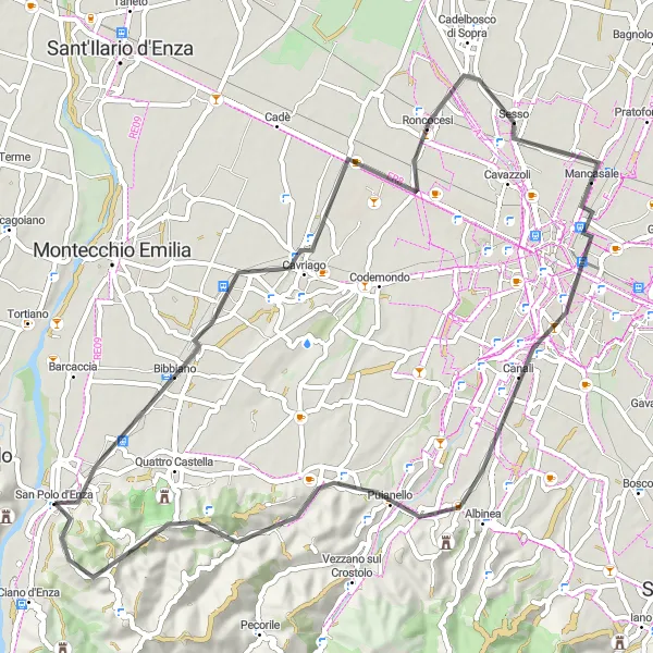 Zemljevid v pomanjšavi "Krožna kolesarska pot od San Polo d'Enza" kolesarske inspiracije v Emilia-Romagna, Italy. Generirano z načrtovalcem kolesarskih poti Tarmacs.app