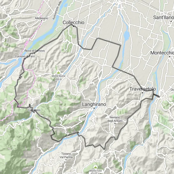 Miniatura della mappa di ispirazione al ciclismo "Da San Polo d'Enza a Traversetolo: una sfida lunga 107 km" nella regione di Emilia-Romagna, Italy. Generata da Tarmacs.app, pianificatore di rotte ciclistiche