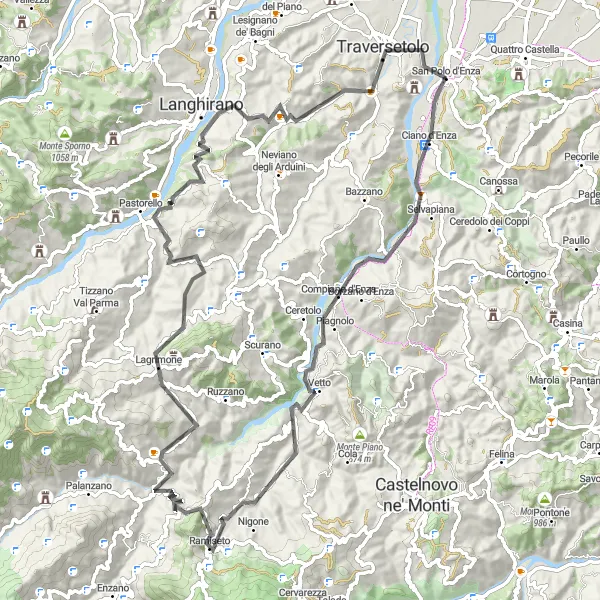 Kartminiatyr av "Utmanande bergsrutt till Vignale" cykelinspiration i Emilia-Romagna, Italy. Genererad av Tarmacs.app cykelruttplanerare