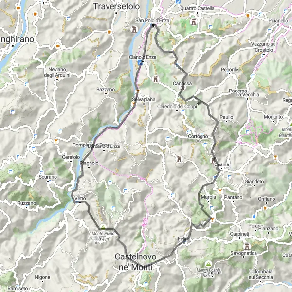 Miniatua del mapa de inspiración ciclista "Ruta de San Polo d'Enza a Vetto" en Emilia-Romagna, Italy. Generado por Tarmacs.app planificador de rutas ciclistas