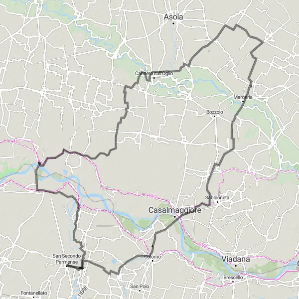 Miniaturní mapa "Jízda na kole okolo San Secondo Parmense" inspirace pro cyklisty v oblasti Emilia-Romagna, Italy. Vytvořeno pomocí plánovače tras Tarmacs.app