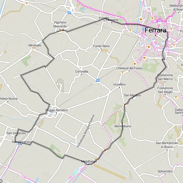 Zemljevid v pomanjšavi "Cestna pot Castello Lambertini-Cassana-Piazzo Trento e Trieste-Malalbergo-Piave" kolesarske inspiracije v Emilia-Romagna, Italy. Generirano z načrtovalcem kolesarskih poti Tarmacs.app