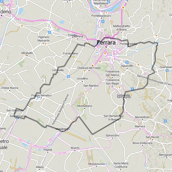 Zemljevid v pomanjšavi "Kolesarska pot do Malalberga" kolesarske inspiracije v Emilia-Romagna, Italy. Generirano z načrtovalcem kolesarskih poti Tarmacs.app