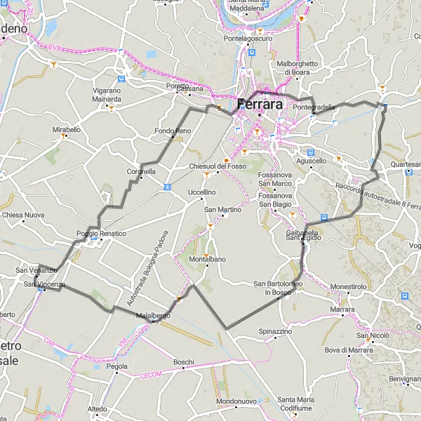 Miniatura della mappa di ispirazione al ciclismo "Pedalata panoramica da Poggio Renatico a Malalbergo" nella regione di Emilia-Romagna, Italy. Generata da Tarmacs.app, pianificatore di rotte ciclistiche