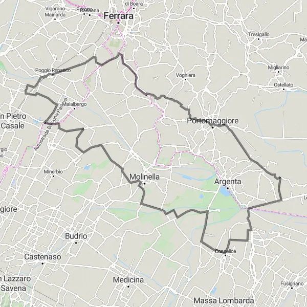 Miniatura della mappa di ispirazione al ciclismo "Avventura ciclistica da Poggio Renatico a Piave" nella regione di Emilia-Romagna, Italy. Generata da Tarmacs.app, pianificatore di rotte ciclistiche