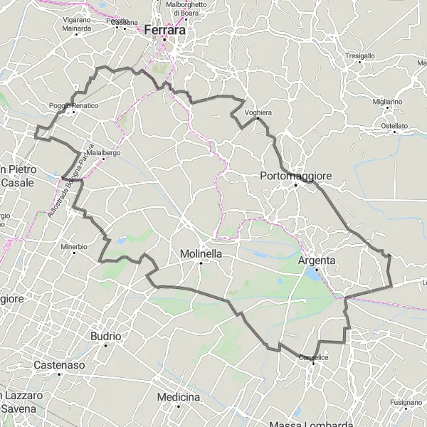 Kartminiatyr av "Utflykt till Torre della Fossa" cykelinspiration i Emilia-Romagna, Italy. Genererad av Tarmacs.app cykelruttplanerare