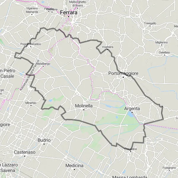 Miniature de la carte de l'inspiration cycliste "Parcours à travers les villages d'Emilia-Romagna" dans la Emilia-Romagna, Italy. Générée par le planificateur d'itinéraire cycliste Tarmacs.app