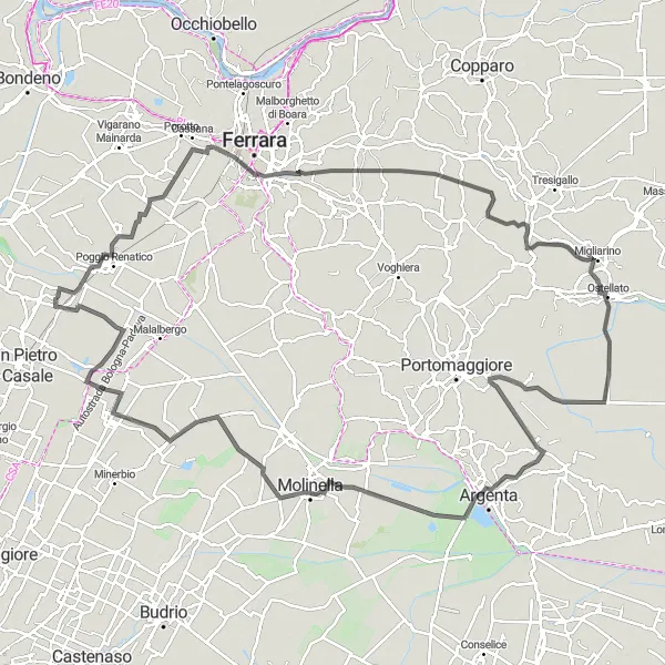 Miniatua del mapa de inspiración ciclista "Ruta de Aventura a Piave" en Emilia-Romagna, Italy. Generado por Tarmacs.app planificador de rutas ciclistas