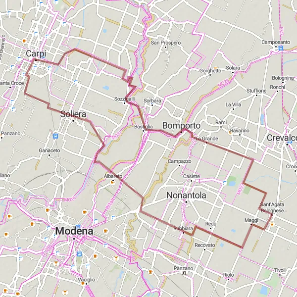 Miniatuurkaart van de fietsinspiratie "Gravelroute van Sant'Agata Bolognese naar Bastiglia" in Emilia-Romagna, Italy. Gemaakt door de Tarmacs.app fietsrouteplanner