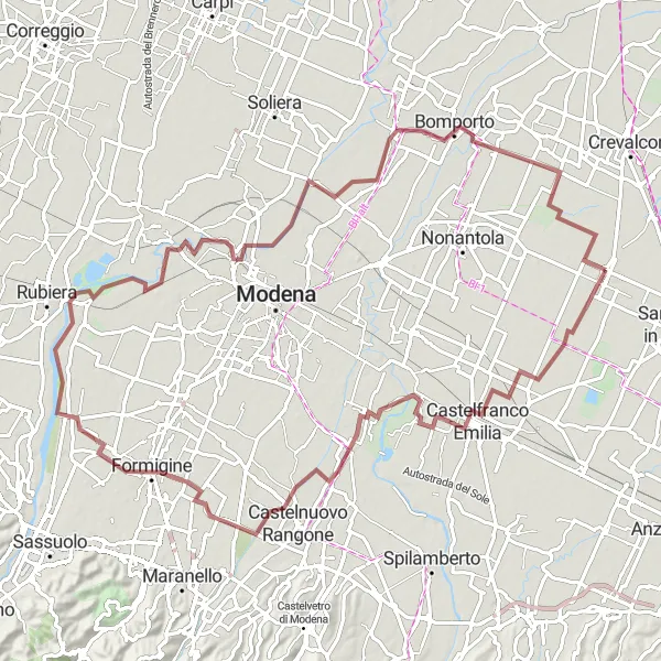Mapa miniatúra "Okruh po kamenných cestách okolo historických hradov" cyklistická inšpirácia v Emilia-Romagna, Italy. Vygenerované cyklistickým plánovačom trás Tarmacs.app