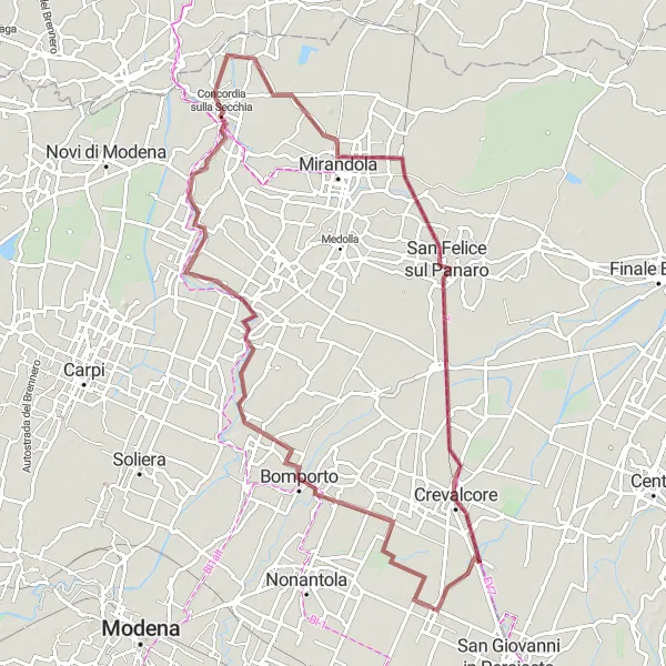 Mapa miniatúra "Bomporto a Mirandola na gravelovej trase" cyklistická inšpirácia v Emilia-Romagna, Italy. Vygenerované cyklistickým plánovačom trás Tarmacs.app