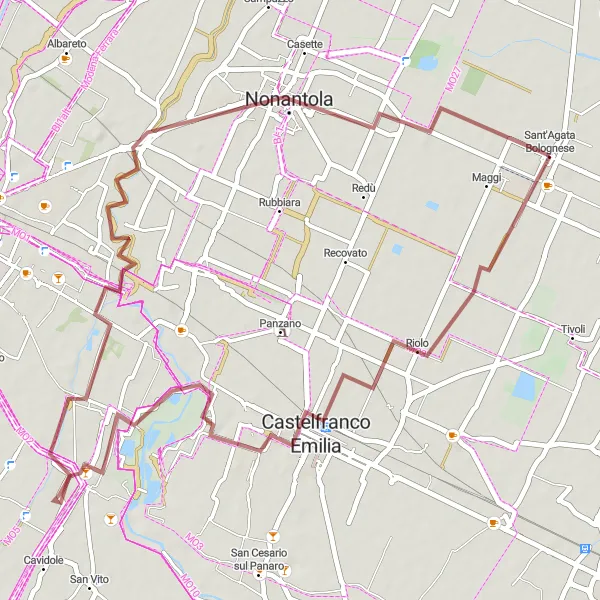 Miniatuurkaart van de fietsinspiratie "Gravelroute naar Castelfranco Emilia en Navicello" in Emilia-Romagna, Italy. Gemaakt door de Tarmacs.app fietsrouteplanner
