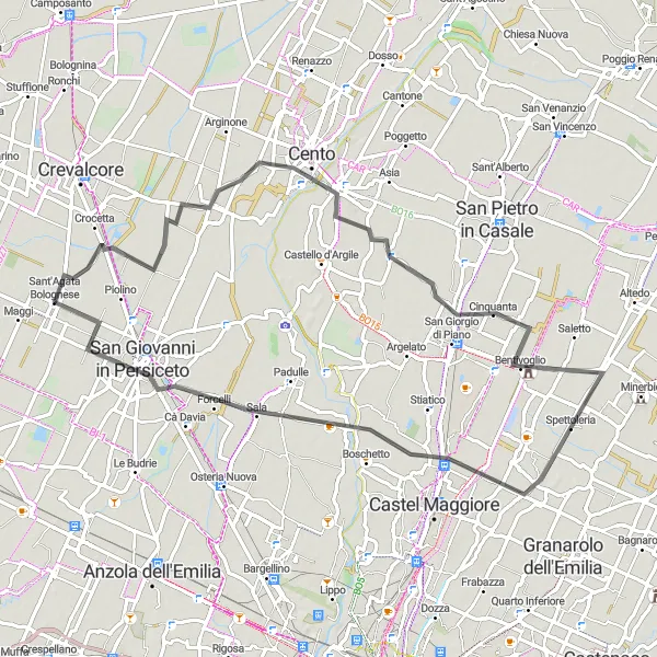 Miniatura della mappa di ispirazione al ciclismo "Giro in bicicletta da Sant'Agata Bolognese a San Giovanni in Persiceto" nella regione di Emilia-Romagna, Italy. Generata da Tarmacs.app, pianificatore di rotte ciclistiche