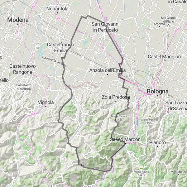 Miniatura della mappa di ispirazione al ciclismo "Giro in bicicletta Sant'Agata Bolognese - Bazzano" nella regione di Emilia-Romagna, Italy. Generata da Tarmacs.app, pianificatore di rotte ciclistiche