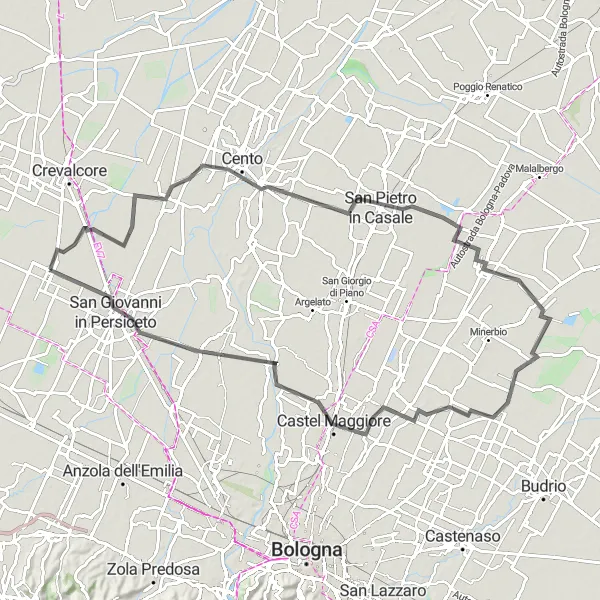 Mapa miniatúra "Cestný cyklo okruh po kultúrnych pamiatkach" cyklistická inšpirácia v Emilia-Romagna, Italy. Vygenerované cyklistickým plánovačom trás Tarmacs.app