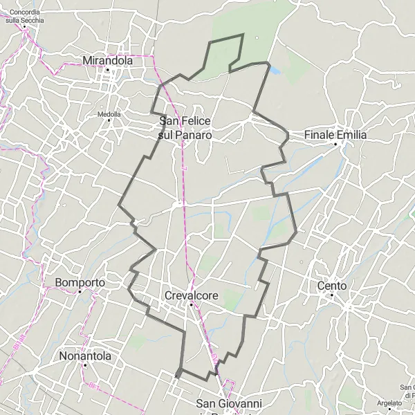 Mapa miniatúra "Cyklistická trasa okolo Sant'Agata Bolognese" cyklistická inšpirácia v Emilia-Romagna, Italy. Vygenerované cyklistickým plánovačom trás Tarmacs.app