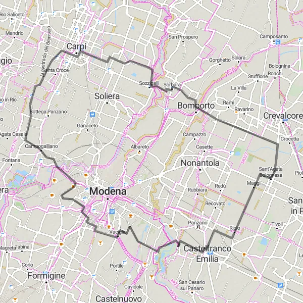 Mapa miniatúra "Trasa cez Castelfranco Emilia a Carpi" cyklistická inšpirácia v Emilia-Romagna, Italy. Vygenerované cyklistickým plánovačom trás Tarmacs.app