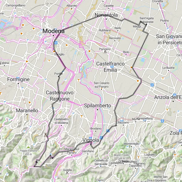 Kartminiatyr av "Rundtur til Modena" sykkelinspirasjon i Emilia-Romagna, Italy. Generert av Tarmacs.app sykkelrutoplanlegger