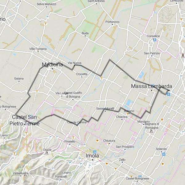 Mapa miniatúra "Cyklotrasa okolo Castel San Pietro Terme" cyklistická inšpirácia v Emilia-Romagna, Italy. Vygenerované cyklistickým plánovačom trás Tarmacs.app