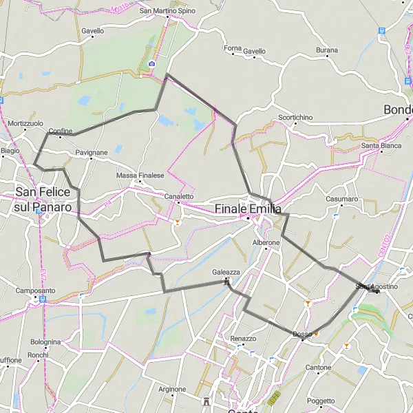 Mapa miniatúra "Okružná cyklistická trasa Galeazza's Castle - Dogaro - Finale Emilia - Sant'Agostino" cyklistická inšpirácia v Emilia-Romagna, Italy. Vygenerované cyklistickým plánovačom trás Tarmacs.app