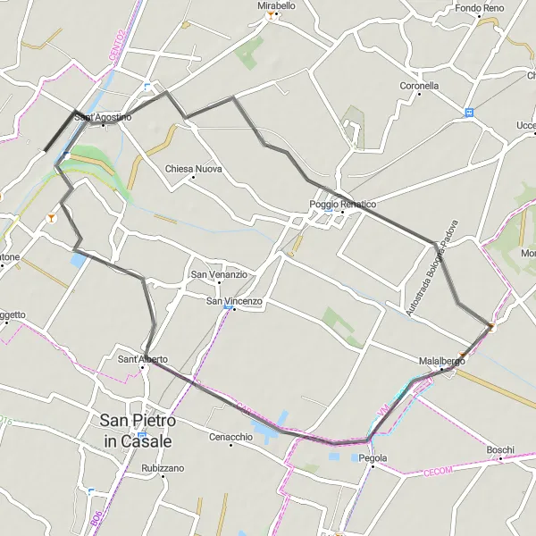 Miniatua del mapa de inspiración ciclista "Ruta de ciclismo por carretera cerca de Sant'Agostino" en Emilia-Romagna, Italy. Generado por Tarmacs.app planificador de rutas ciclistas