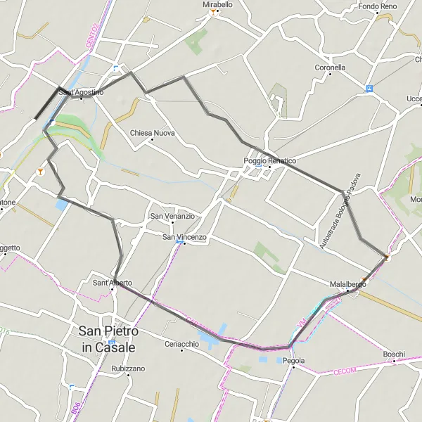 Kartminiatyr av "Cykla till Sant'Agostino, Poggio Renatico, Malalbergo och Galliera" cykelinspiration i Emilia-Romagna, Italy. Genererad av Tarmacs.app cykelruttplanerare