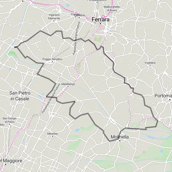 Kartminiatyr av "Landsvägscykling till Mirabello" cykelinspiration i Emilia-Romagna, Italy. Genererad av Tarmacs.app cykelruttplanerare
