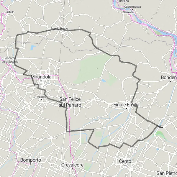 Miniatura della mappa di ispirazione al ciclismo "Giro in Bicicletta Renazzo - San Martino Spino" nella regione di Emilia-Romagna, Italy. Generata da Tarmacs.app, pianificatore di rotte ciclistiche