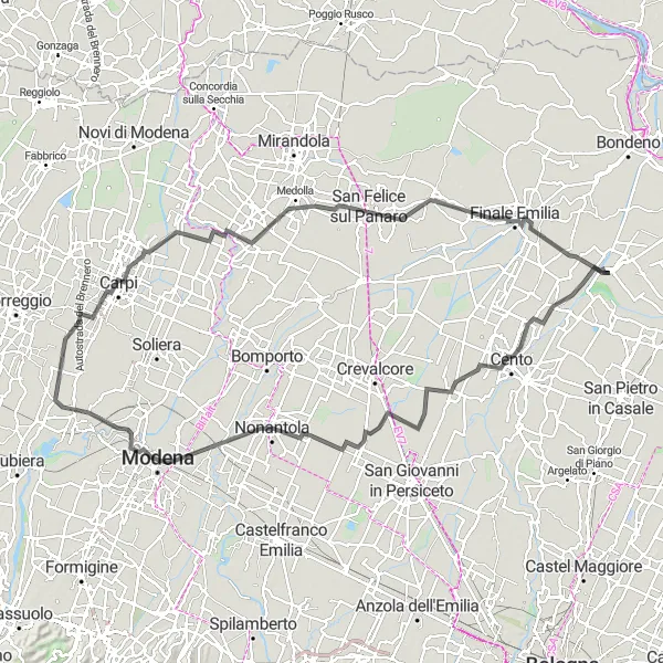 Mapa miniatúra "Okružná cyklistická trasa Cento - Sant'Agata Bolognese - Modena - Campogalliano - Carpi - Medolla - Finale Emilia - Sant'Agostino" cyklistická inšpirácia v Emilia-Romagna, Italy. Vygenerované cyklistickým plánovačom trás Tarmacs.app