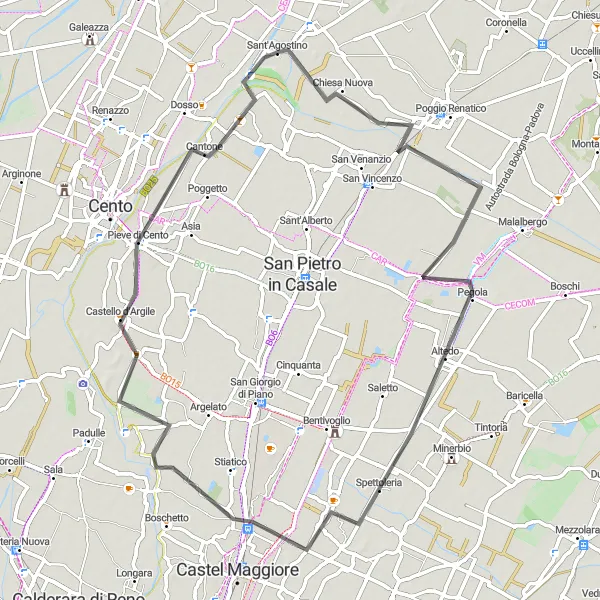Miniaturní mapa "Okružní cyklotrasa Altedo - Malacappa - Castello d'Argile - Sant'Agostino" inspirace pro cyklisty v oblasti Emilia-Romagna, Italy. Vytvořeno pomocí plánovače tras Tarmacs.app