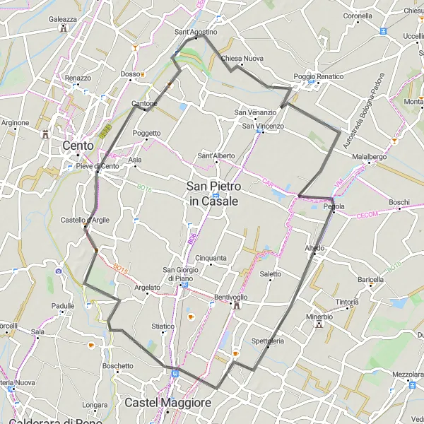 Miniatura della mappa di ispirazione al ciclismo "Giro in bici tra Sant'Agostino e i paesi circostanti" nella regione di Emilia-Romagna, Italy. Generata da Tarmacs.app, pianificatore di rotte ciclistiche