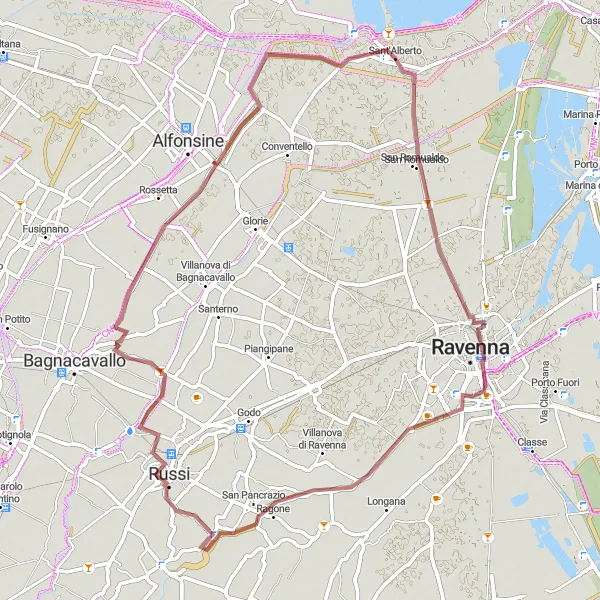 Miniaturní mapa "Gravelová trasa s historickými památkami" inspirace pro cyklisty v oblasti Emilia-Romagna, Italy. Vytvořeno pomocí plánovače tras Tarmacs.app
