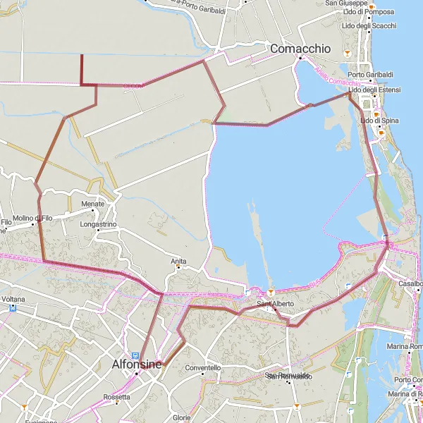 Miniatua del mapa de inspiración ciclista "Ruta de Grava en Sant'Alberto" en Emilia-Romagna, Italy. Generado por Tarmacs.app planificador de rutas ciclistas