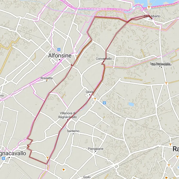 Miniatua del mapa de inspiración ciclista "Ruta de Grava a Villa Prati y Villanova di Bagnacavallo" en Emilia-Romagna, Italy. Generado por Tarmacs.app planificador de rutas ciclistas