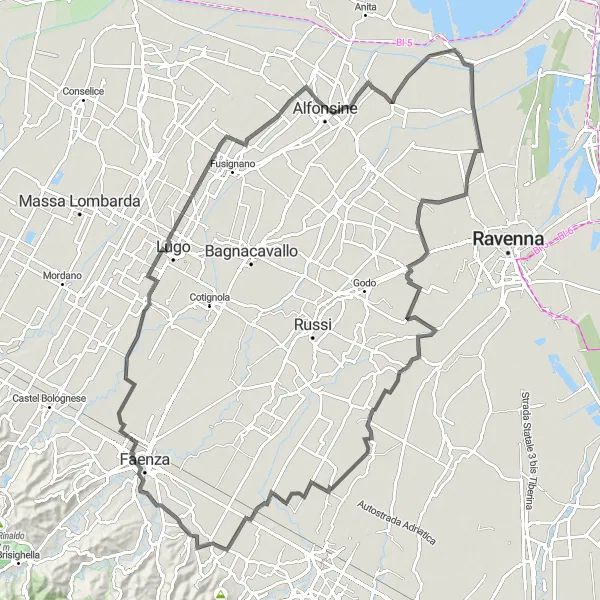 Miniatura della mappa di ispirazione al ciclismo "Itinerario panoramico verso Sant'Alberto" nella regione di Emilia-Romagna, Italy. Generata da Tarmacs.app, pianificatore di rotte ciclistiche